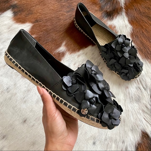 Tory Burch Shoes - Tory Burch Black Leather Flower Espadrilles 8